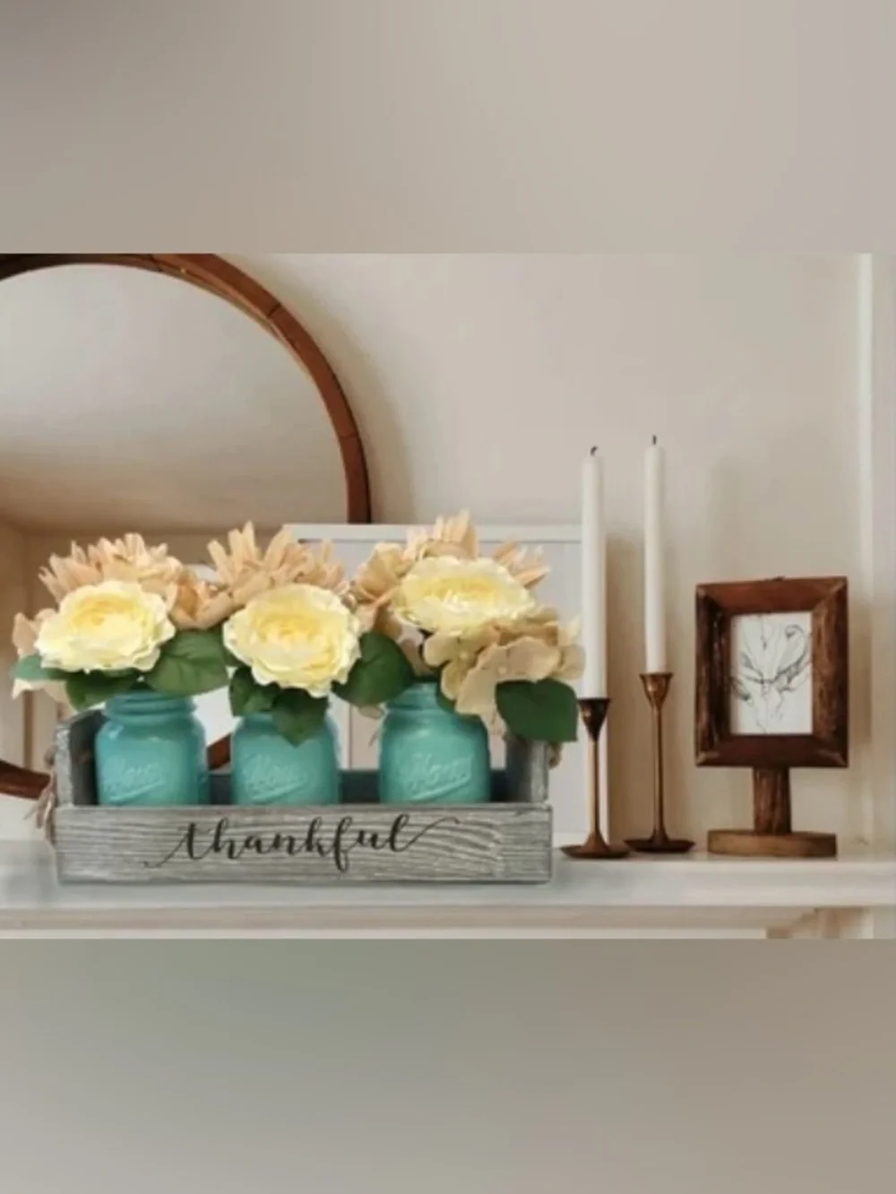 Decorative Blue Mason Jar Flower Arrangement with Cream & Peach Silk Blooms
